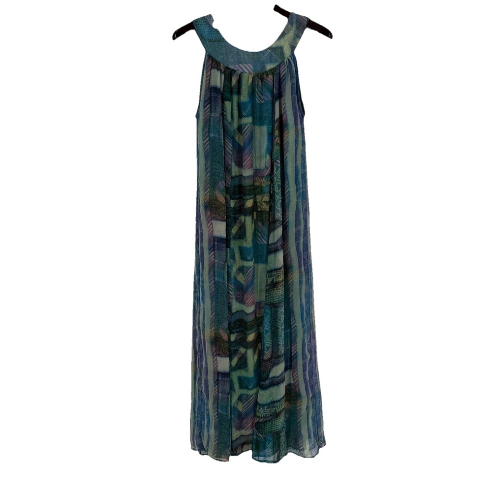 Vintage Womens Watercolor Geometric Print‎ Chiffon Maxi Dress Size XL Cruise